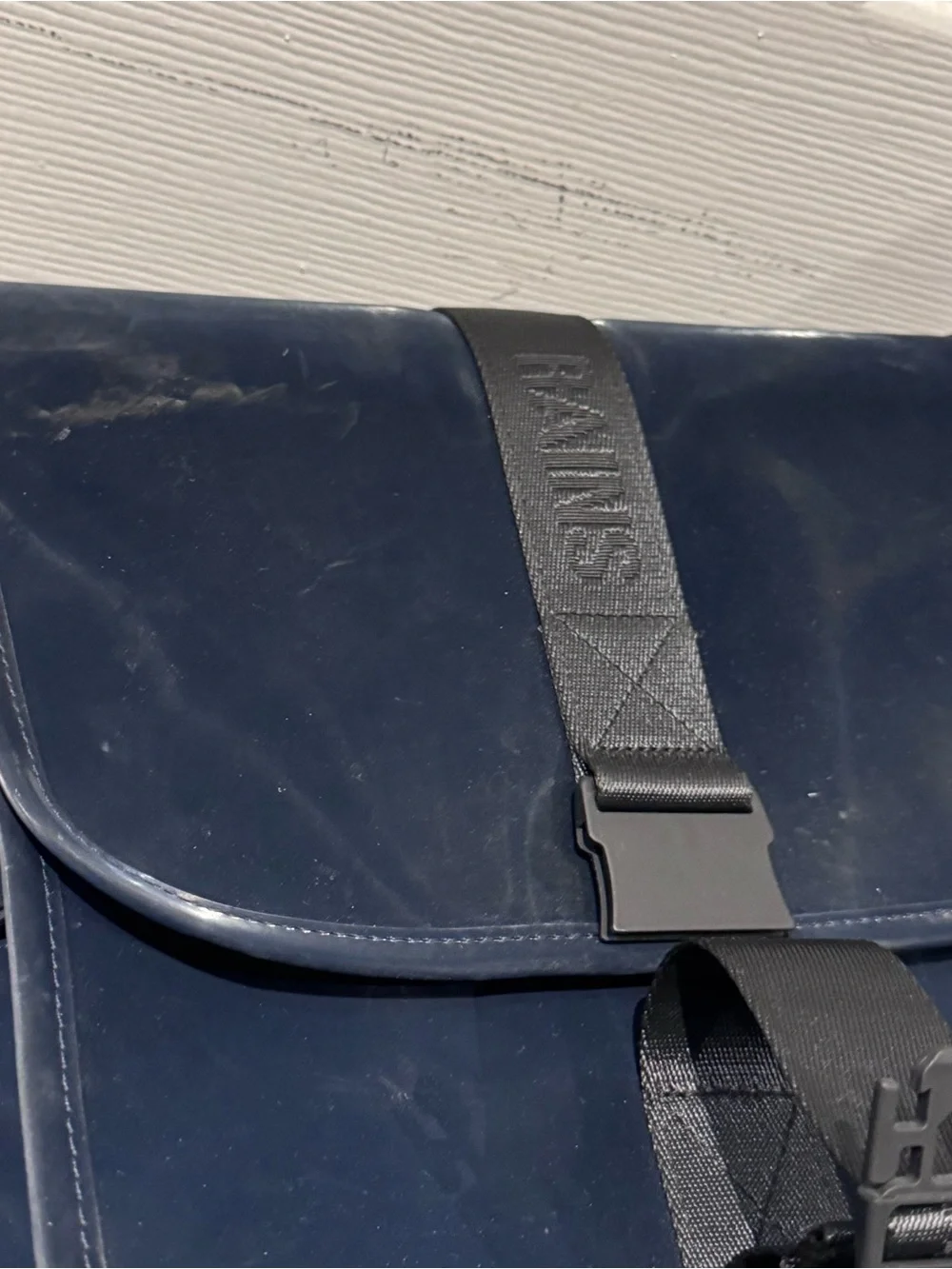 Rains Navy and Black Rolltop Backpack with Branded Strap - Picture 4 of 7
